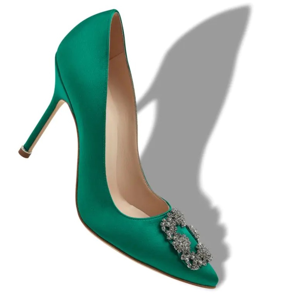 Manolo Blahnik Hangisi Green Satin Jewel Buckle 105mm heel Pumps